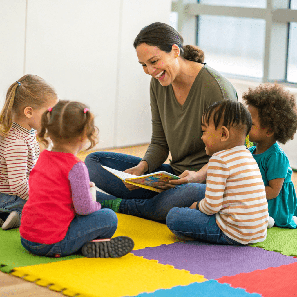 Engaged children and parent listening to a story during a bright community playgroup session.