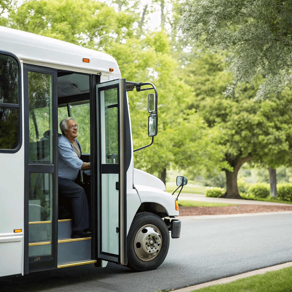 Friendly driver smiling from the Flowerdale community transport bus.
