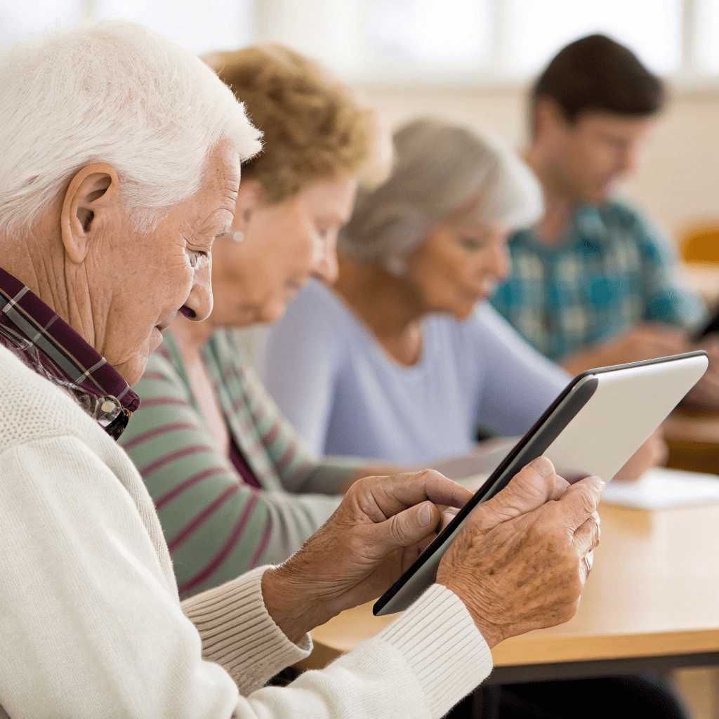 Close-up of hands using a laptop in a digital literacy class for seniors.