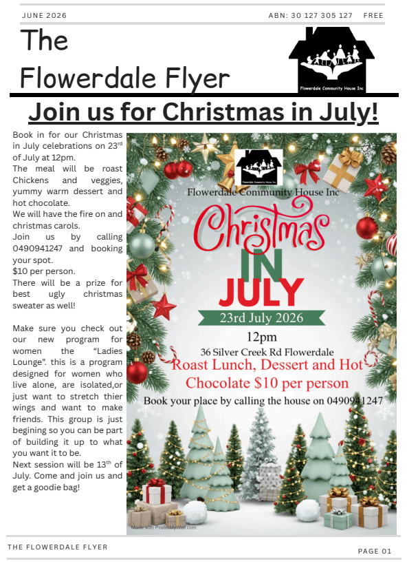 FCH June 2026 Flyer Cover Front page flyer promoting Christmas in July on 23 July 2026 at 12pm with roast lunch, dessert, hot chocolate; $10 per person.